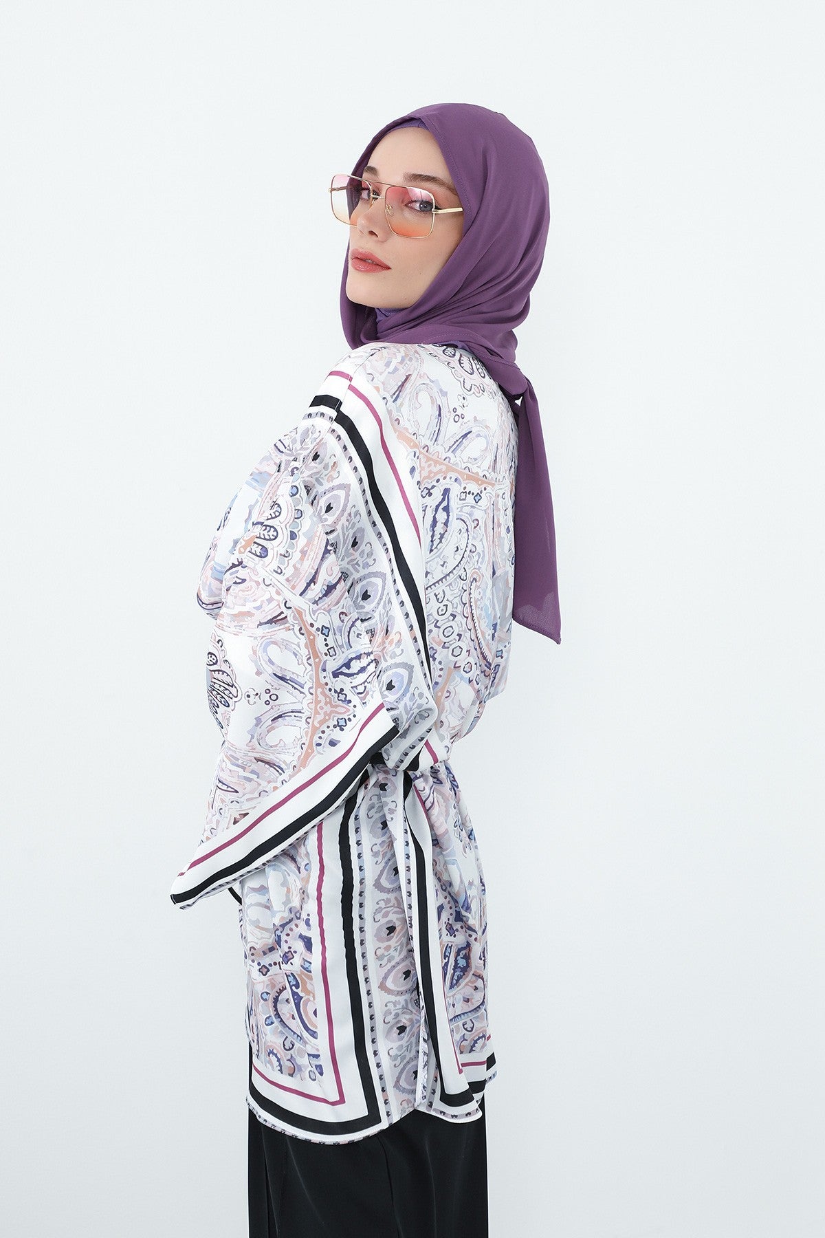 Two Piece Hijab Set Crepe Shawl with Cotton Under Cap Bonnet, Lightweight Modest Scarf and Undercap Combo for Women,PS-56 Purple