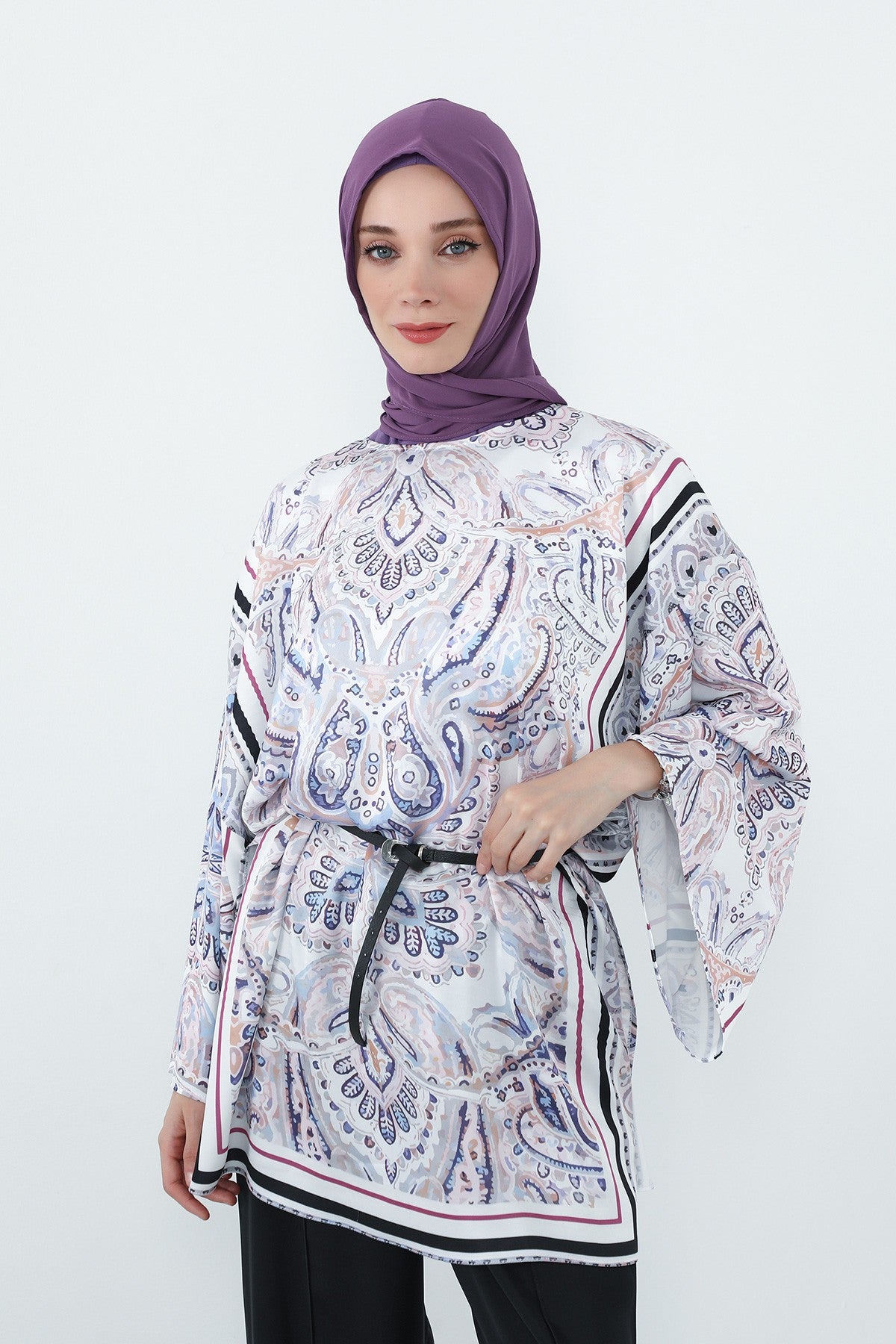 Two Piece Hijab Set Crepe Shawl with Cotton Under Cap Bonnet, Lightweight Modest Scarf and Undercap Combo for Women,PS-56 Purple