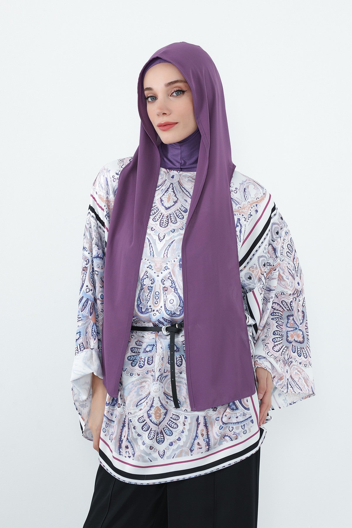 Two Piece Hijab Set Crepe Shawl with Cotton Under Cap Bonnet, Lightweight Modest Scarf and Undercap Combo for Women,PS-56 Purple