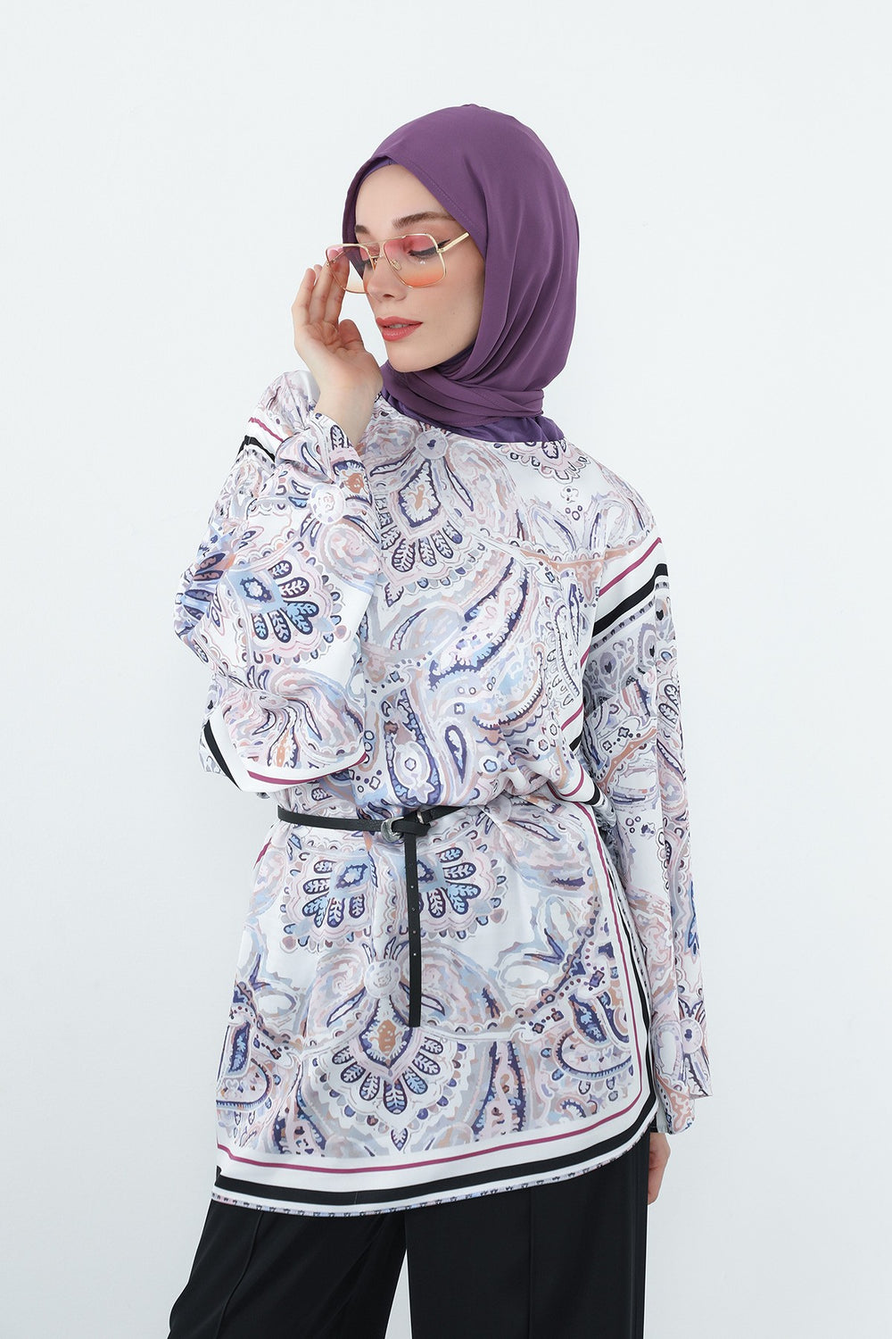 Two Piece Hijab Set Crepe Shawl with Cotton Under Cap Bonnet, Lightweight Modest Scarf and Undercap Combo for Women,PS-56 Purple
