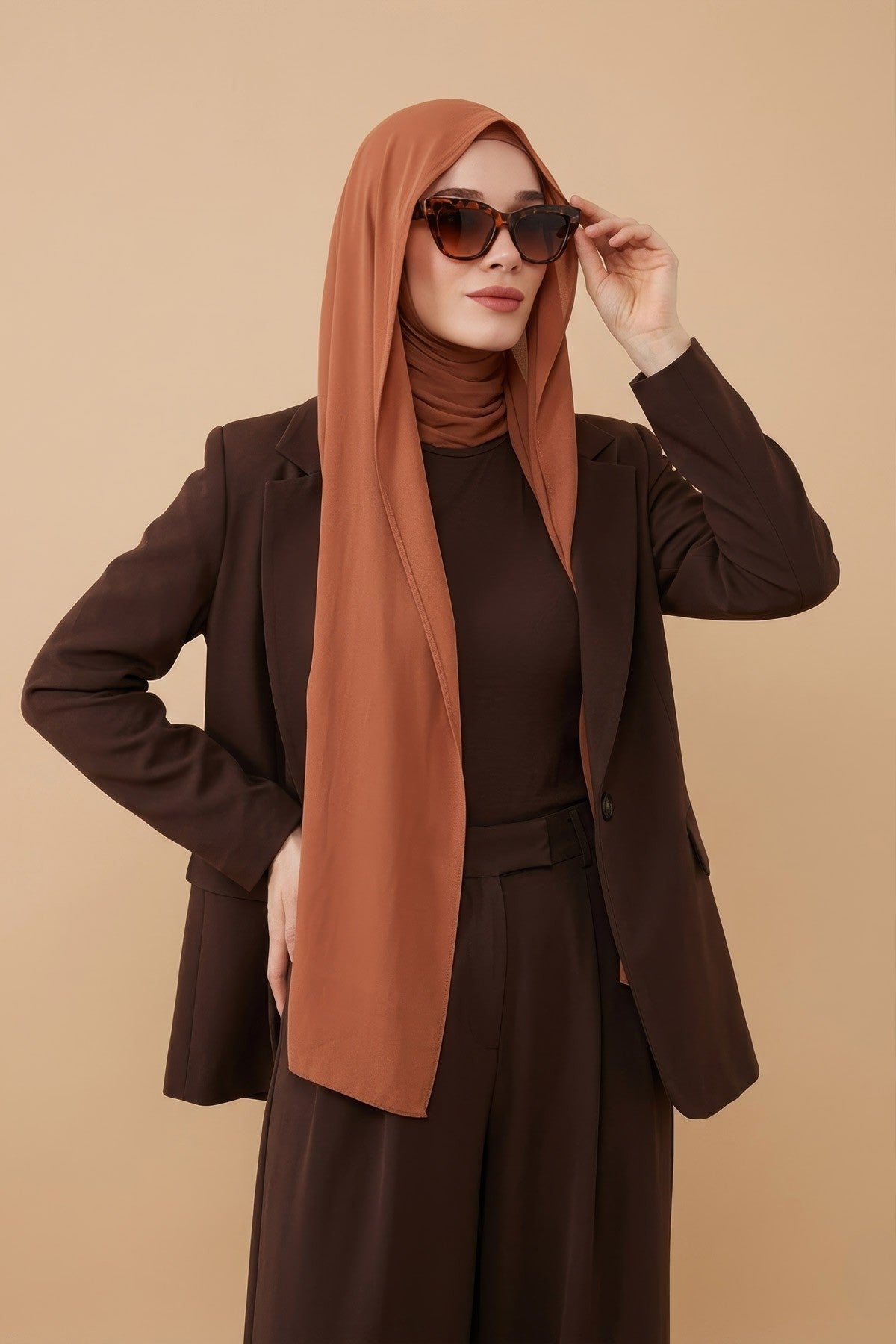 Two Piece Hijab Set Crepe Shawl with Cotton Under Cap Bonnet, Lightweight Modest Scarf and Undercap Combo for Women,PS-56 Caramel Brown-Light Cinnamon