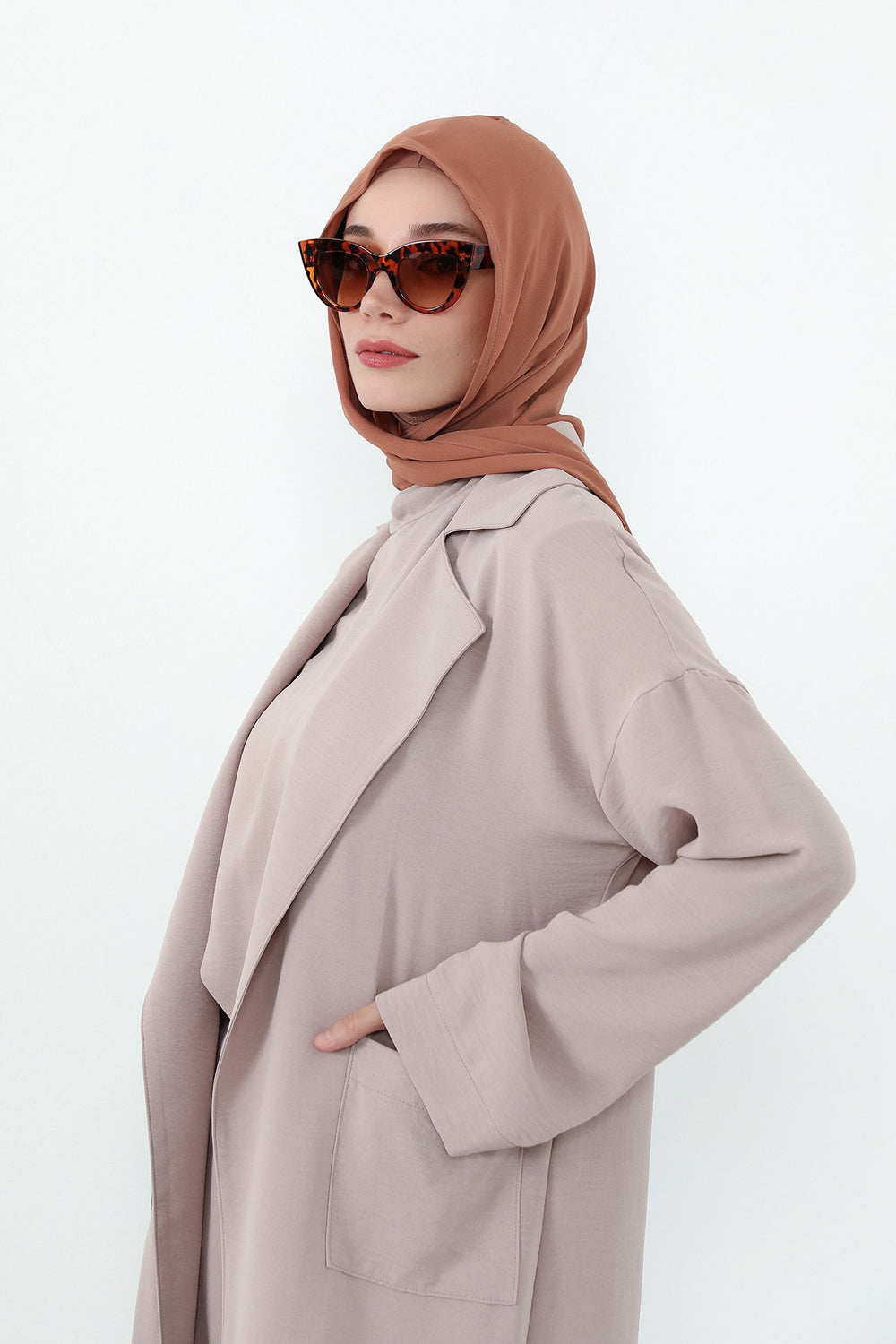 Two Piece Hijab Set Crepe Shawl with Cotton Under Cap Bonnet, Lightweight Modest Scarf and Undercap Combo for Women,PS-56 Caramel Brown-Light Cinnamon