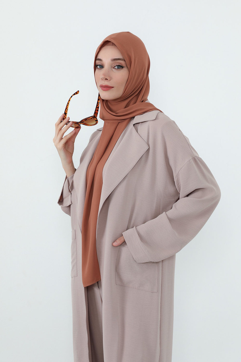 Two Piece Hijab Set Crepe Shawl with Cotton Under Cap Bonnet, Lightweight Modest Scarf and Undercap Combo for Women,PS-56 Caramel Brown-Light Cinnamon