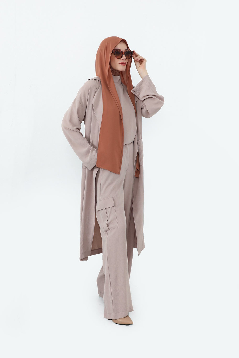 Two Piece Hijab Set Crepe Shawl with Cotton Under Cap Bonnet, Lightweight Modest Scarf and Undercap Combo for Women,PS-56 Caramel Brown-Light Cinnamon