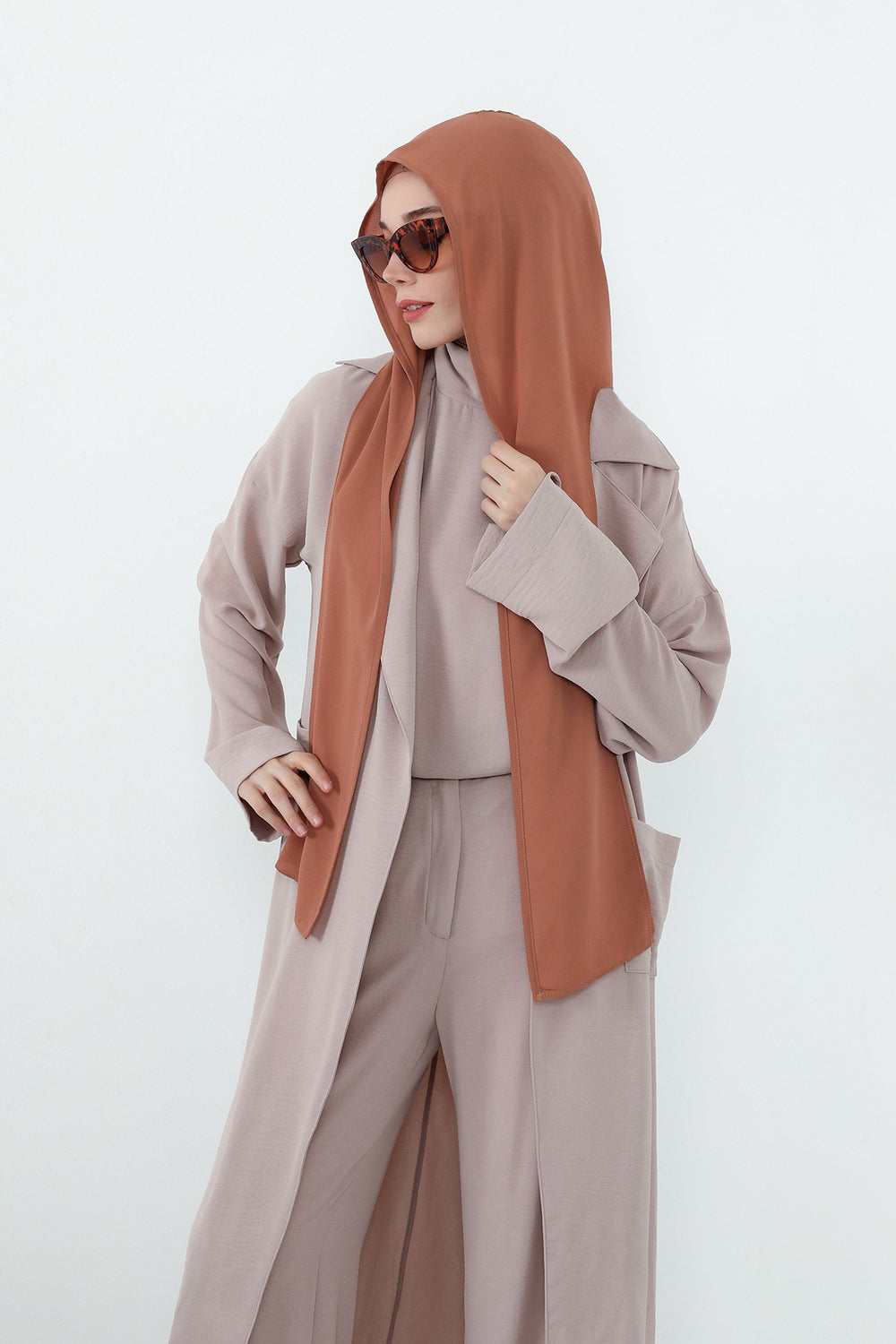Two Piece Hijab Set Crepe Shawl with Cotton Under Cap Bonnet, Lightweight Modest Scarf and Undercap Combo for Women,PS-56 Caramel Brown-Light Cinnamon