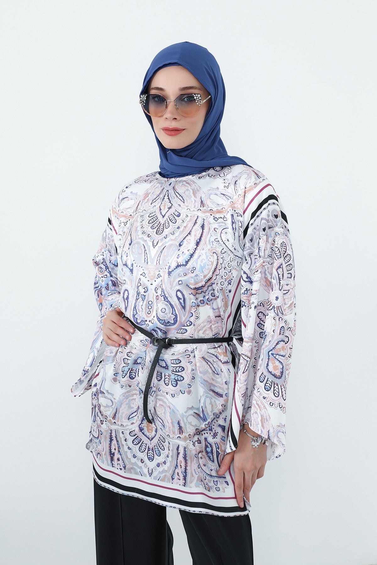 Two Piece Hijab Set Crepe Shawl with Cotton Under Cap Bonnet, Lightweight Modest Scarf and Undercap Combo for Women,PS-56 İndigo