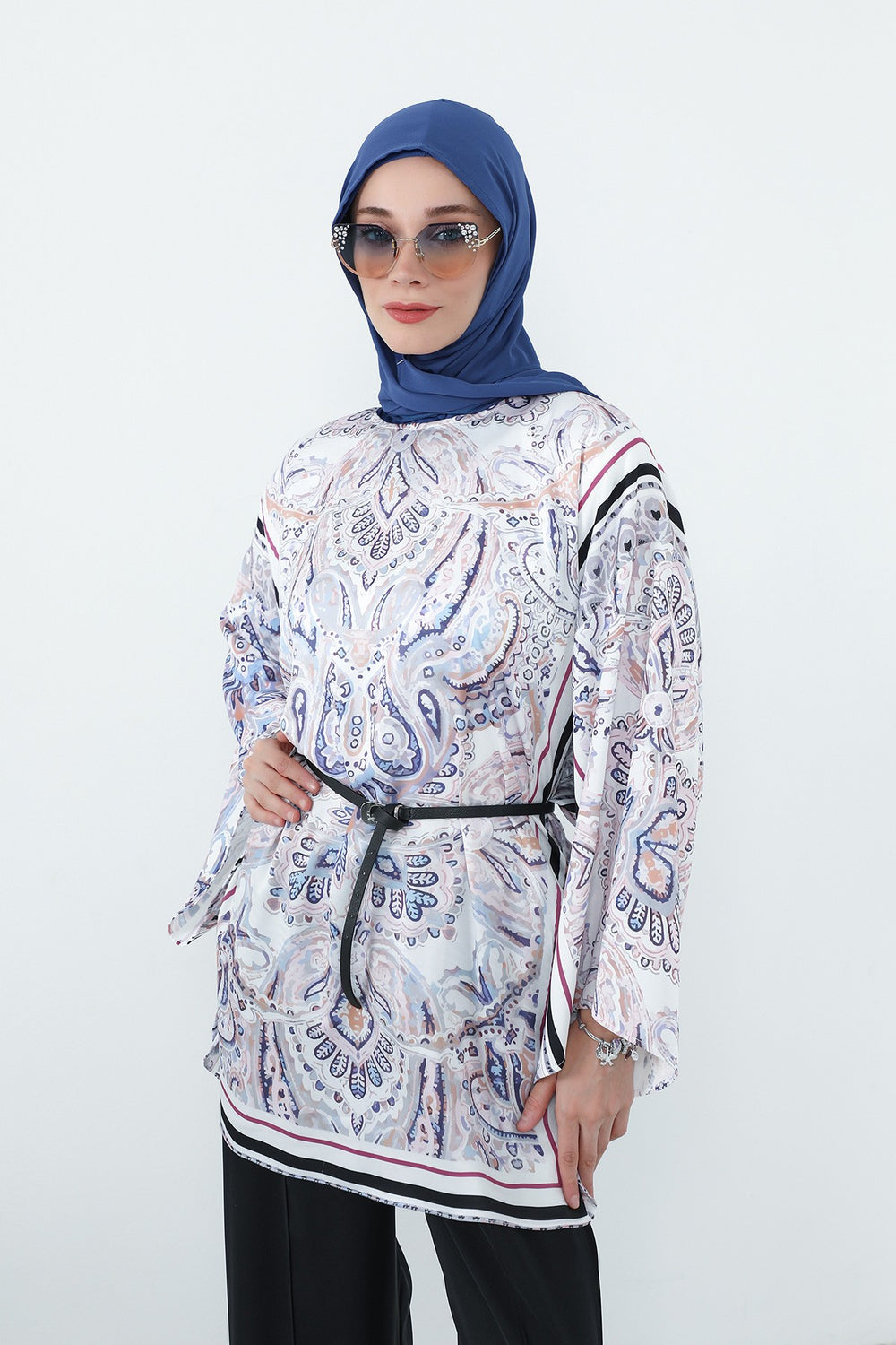 Two Piece Hijab Set Crepe Shawl with Cotton Under Cap Bonnet, Lightweight Modest Scarf and Undercap Combo for Women,PS-56 İndigo