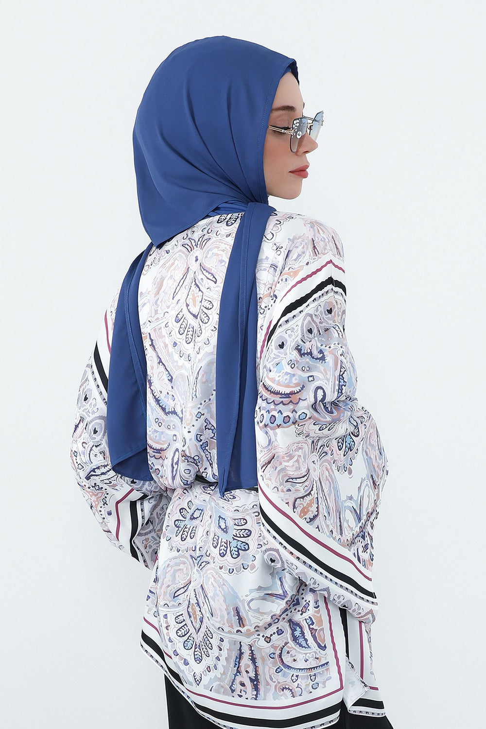 Two Piece Hijab Set Crepe Shawl with Cotton Under Cap Bonnet, Lightweight Modest Scarf and Undercap Combo for Women,PS-56 İndigo