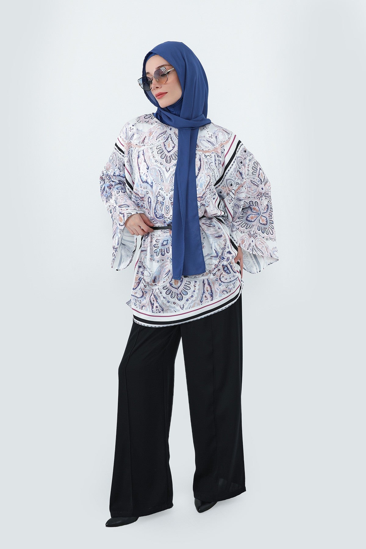 Two Piece Hijab Set Crepe Shawl with Cotton Under Cap Bonnet, Lightweight Modest Scarf and Undercap Combo for Women,PS-56 İndigo