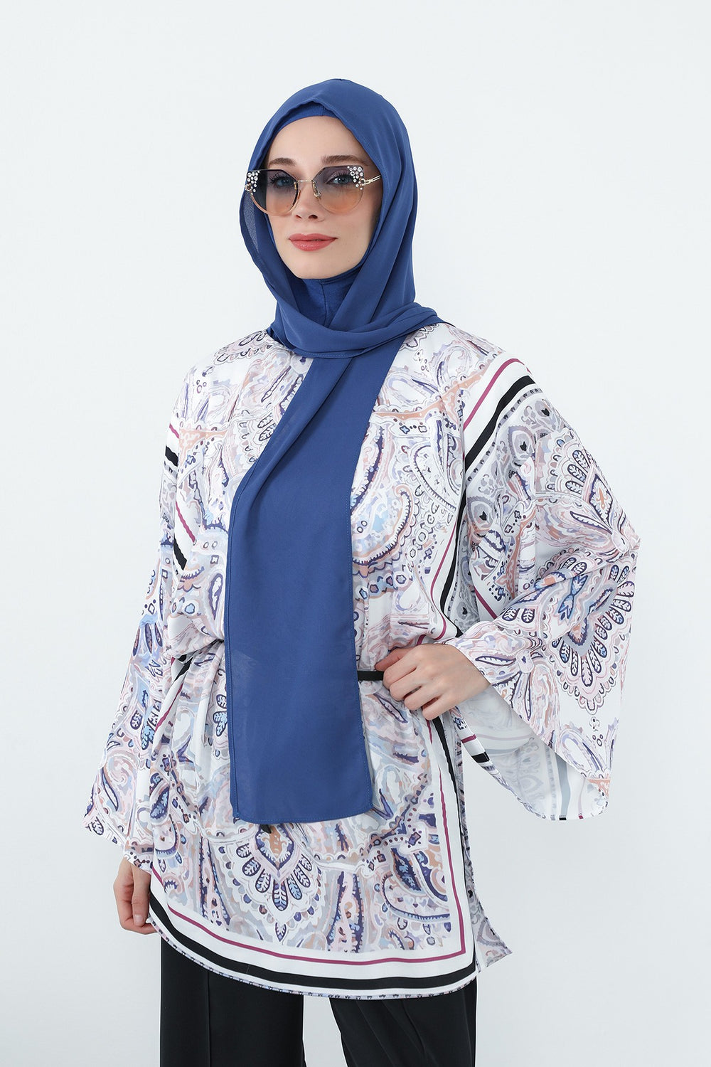 Two Piece Hijab Set Crepe Shawl with Cotton Under Cap Bonnet, Lightweight Modest Scarf and Undercap Combo for Women,PS-56 İndigo