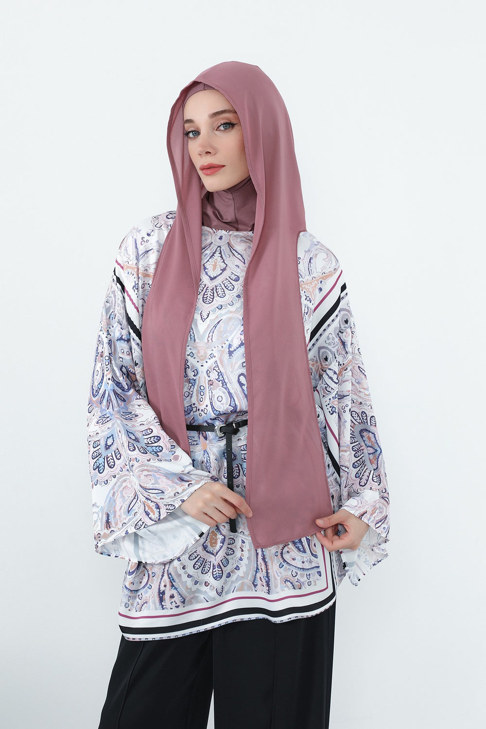 Two Piece Hijab Set Crepe Shawl with Cotton Under Cap Bonnet, Lightweight Modest Scarf and Undercap Combo for Women,PS-56 Dusty Rose