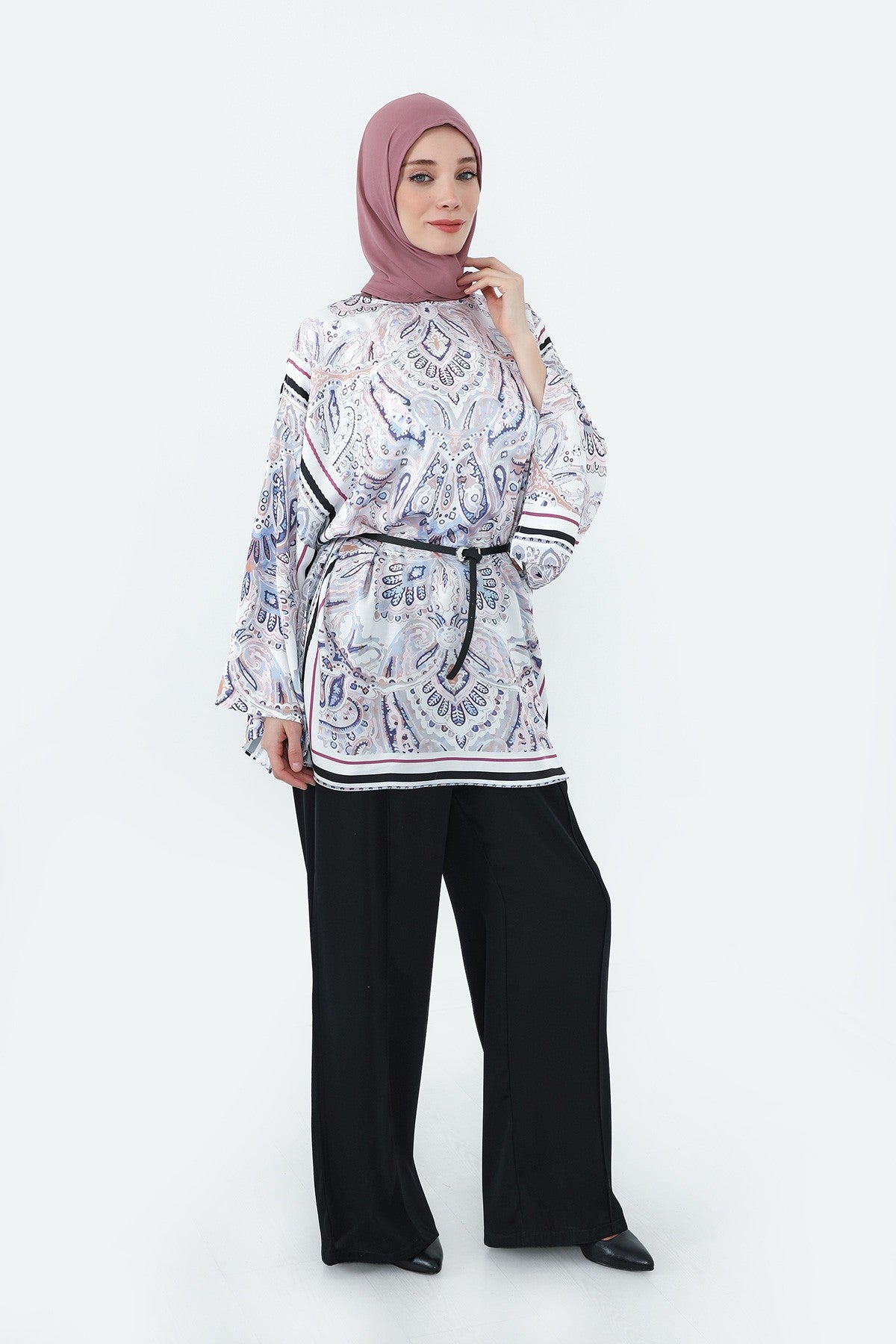 Two Piece Hijab Set Crepe Shawl with Cotton Under Cap Bonnet, Lightweight Modest Scarf and Undercap Combo for Women,PS-56 Dusty Rose