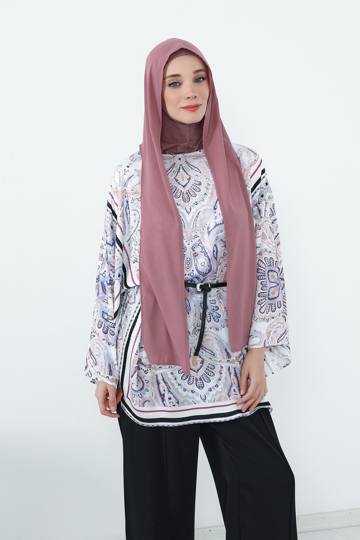 Two Piece Hijab Set Crepe Shawl with Cotton Under Cap Bonnet, Lightweight Modest Scarf and Undercap Combo for Women,PS-56 Dusty Rose