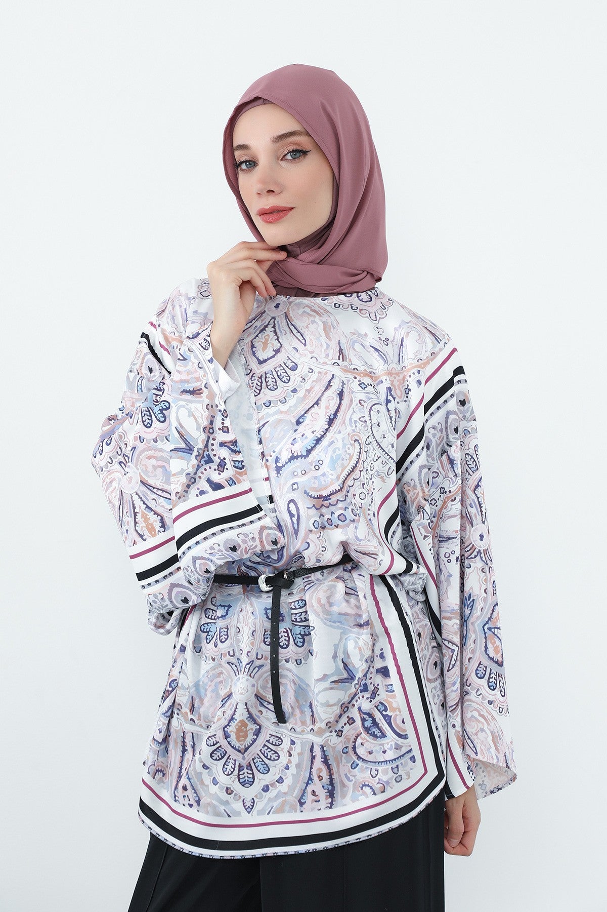 Two Piece Hijab Set Crepe Shawl with Cotton Under Cap Bonnet, Lightweight Modest Scarf and Undercap Combo for Women,PS-56 Dusty Rose