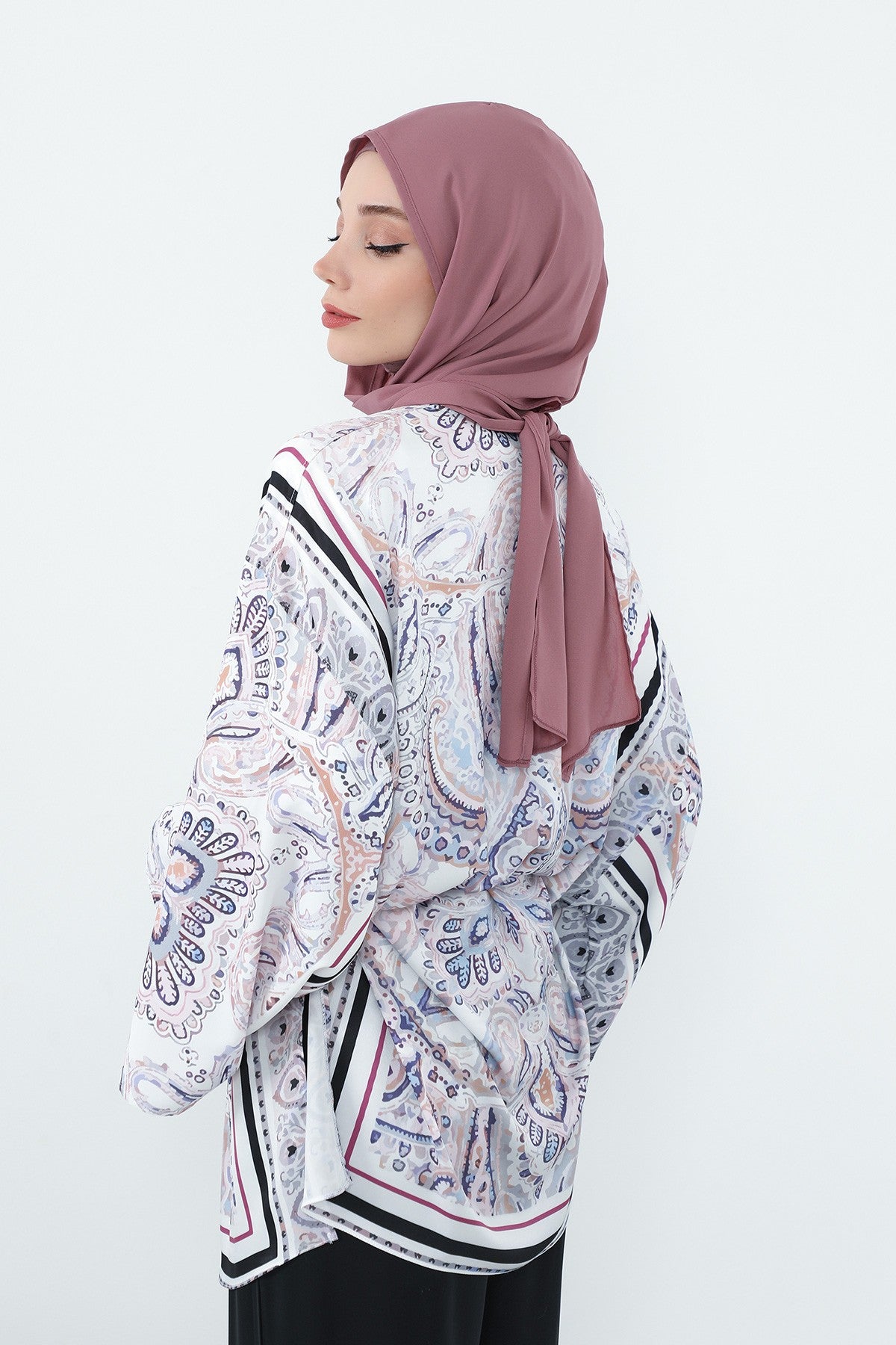 Two Piece Hijab Set Crepe Shawl with Cotton Under Cap Bonnet, Lightweight Modest Scarf and Undercap Combo for Women,PS-56 Dusty Rose
