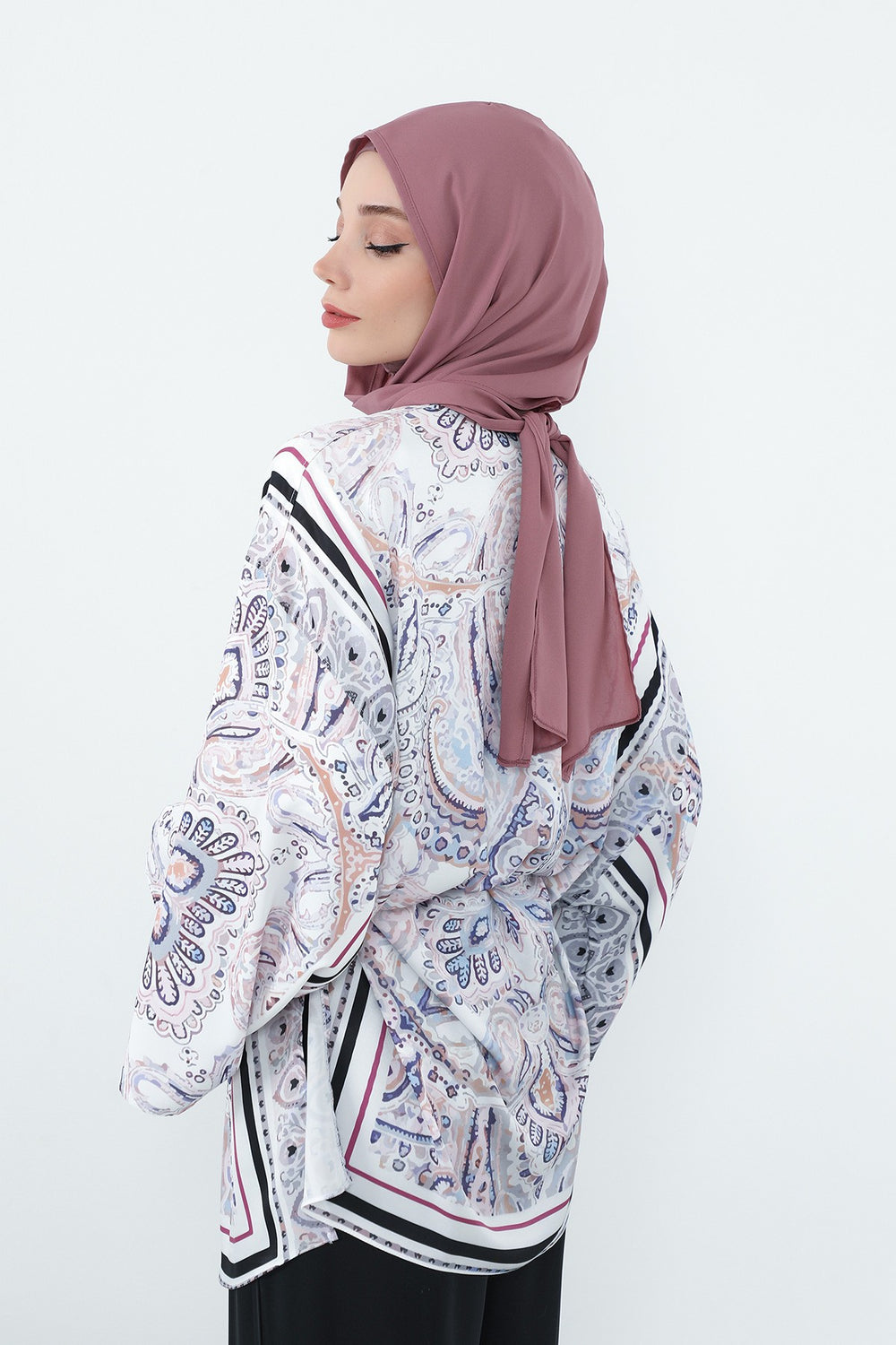 Two Piece Hijab Set Crepe Shawl with Cotton Under Cap Bonnet, Lightweight Modest Scarf and Undercap Combo for Women,PS-56 Dusty Rose