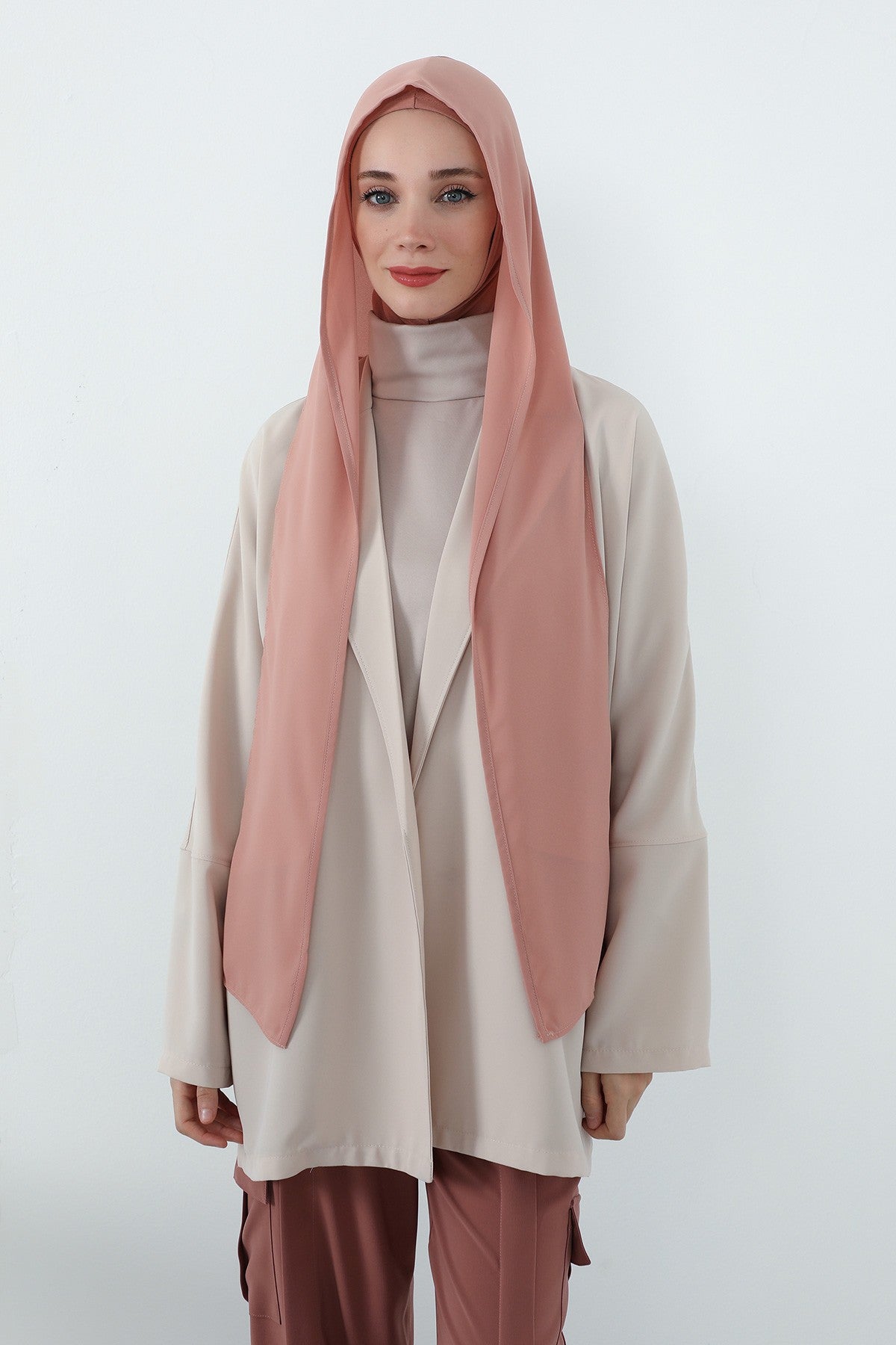 Two Piece Hijab Set Crepe Shawl with Cotton Under Cap Bonnet, Lightweight Modest Scarf and Undercap Combo for Women,PS-56 Cappucino