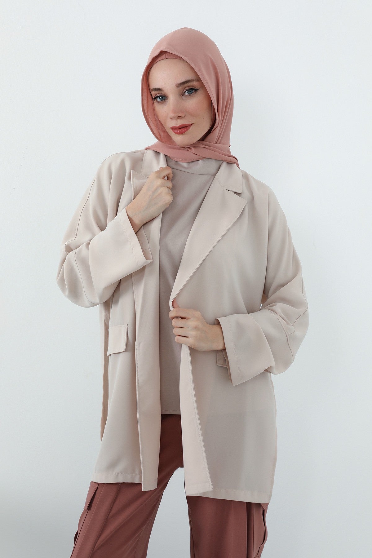 Two Piece Hijab Set Crepe Shawl with Cotton Under Cap Bonnet, Lightweight Modest Scarf and Undercap Combo for Women,PS-56 Cappucino