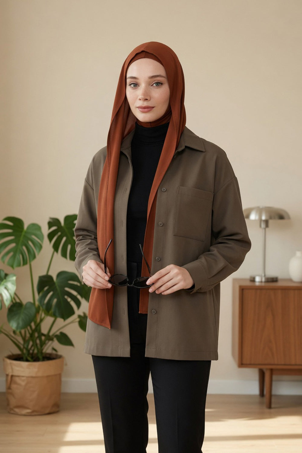 Two Piece Hijab Set Crepe Shawl with Cotton Under Cap Bonnet, Lightweight Modest Scarf and Undercap Combo for Women,PS-56 Tile Red