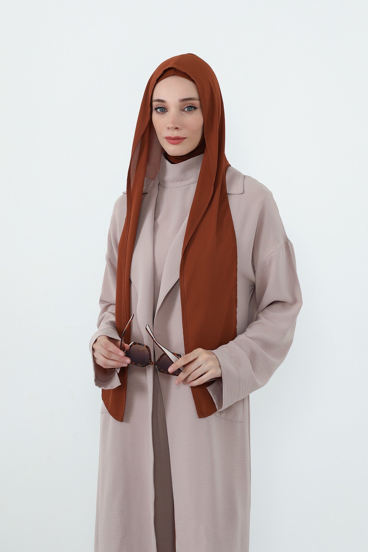 Two Piece Hijab Set Crepe Shawl with Cotton Under Cap Bonnet, Lightweight Modest Scarf and Undercap Combo for Women,PS-56 Tile Red