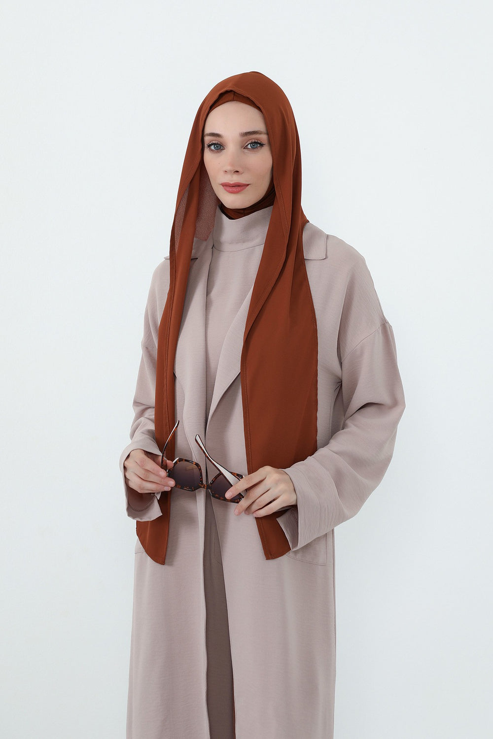 Two Piece Hijab Set Crepe Shawl with Cotton Under Cap Bonnet, Lightweight Modest Scarf and Undercap Combo for Women,PS-56 Tile Red