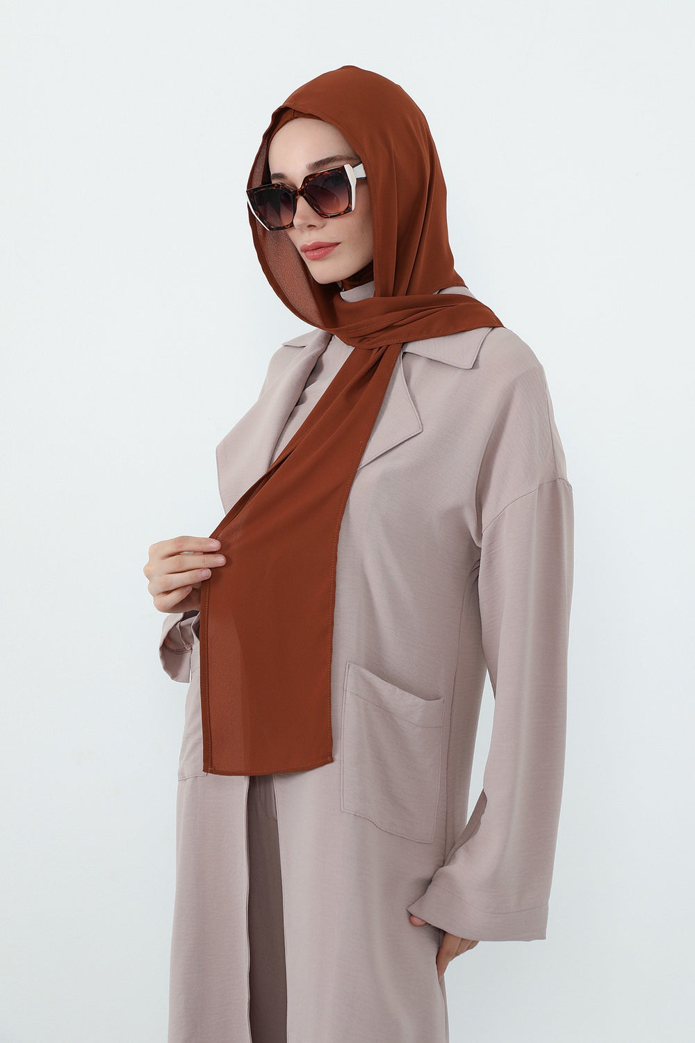 Two Piece Hijab Set Crepe Shawl with Cotton Under Cap Bonnet, Lightweight Modest Scarf and Undercap Combo for Women,PS-56 Tile Red
