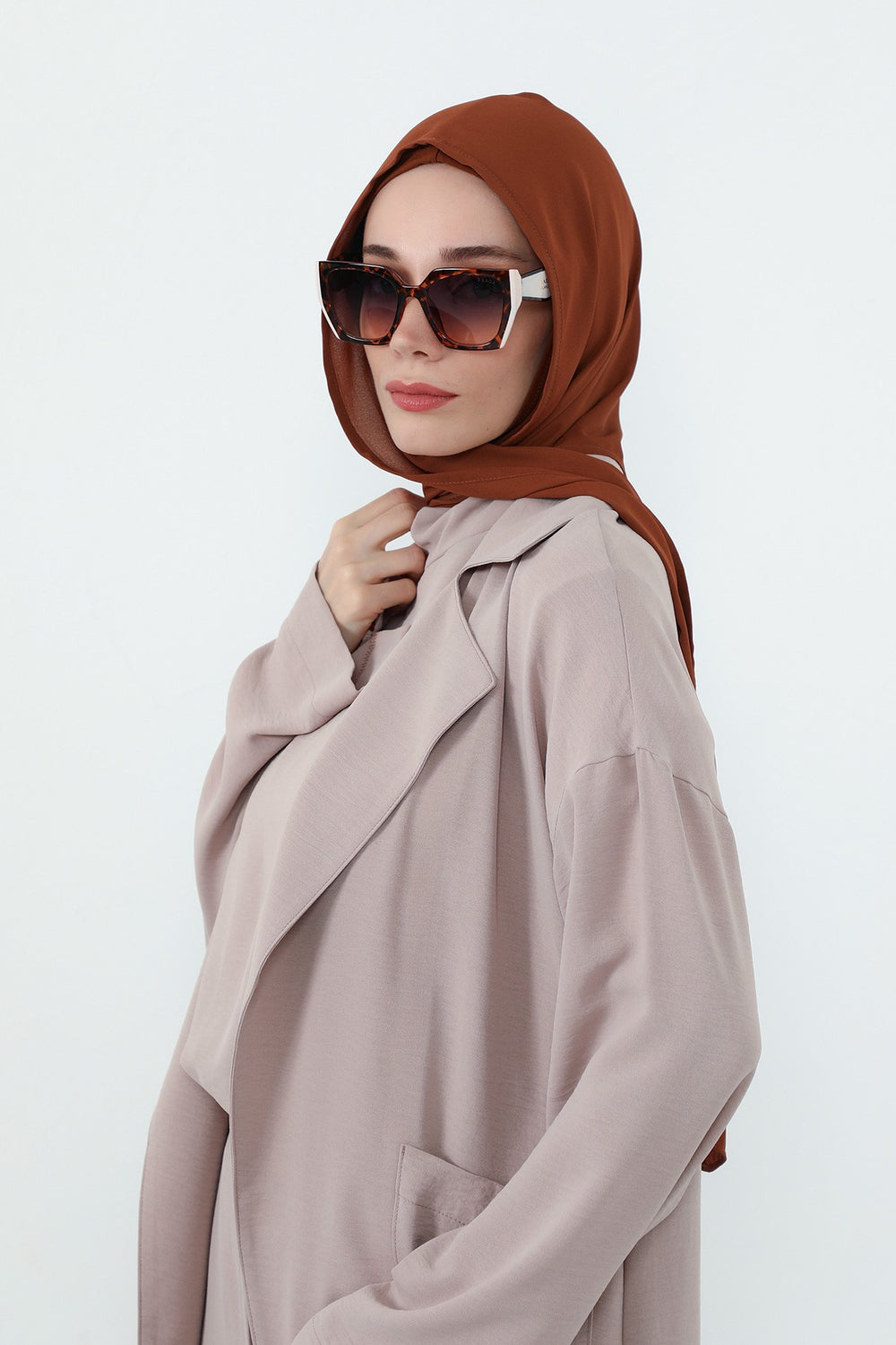 Two Piece Hijab Set Crepe Shawl with Cotton Under Cap Bonnet, Lightweight Modest Scarf and Undercap Combo for Women,PS-56 Tile Red