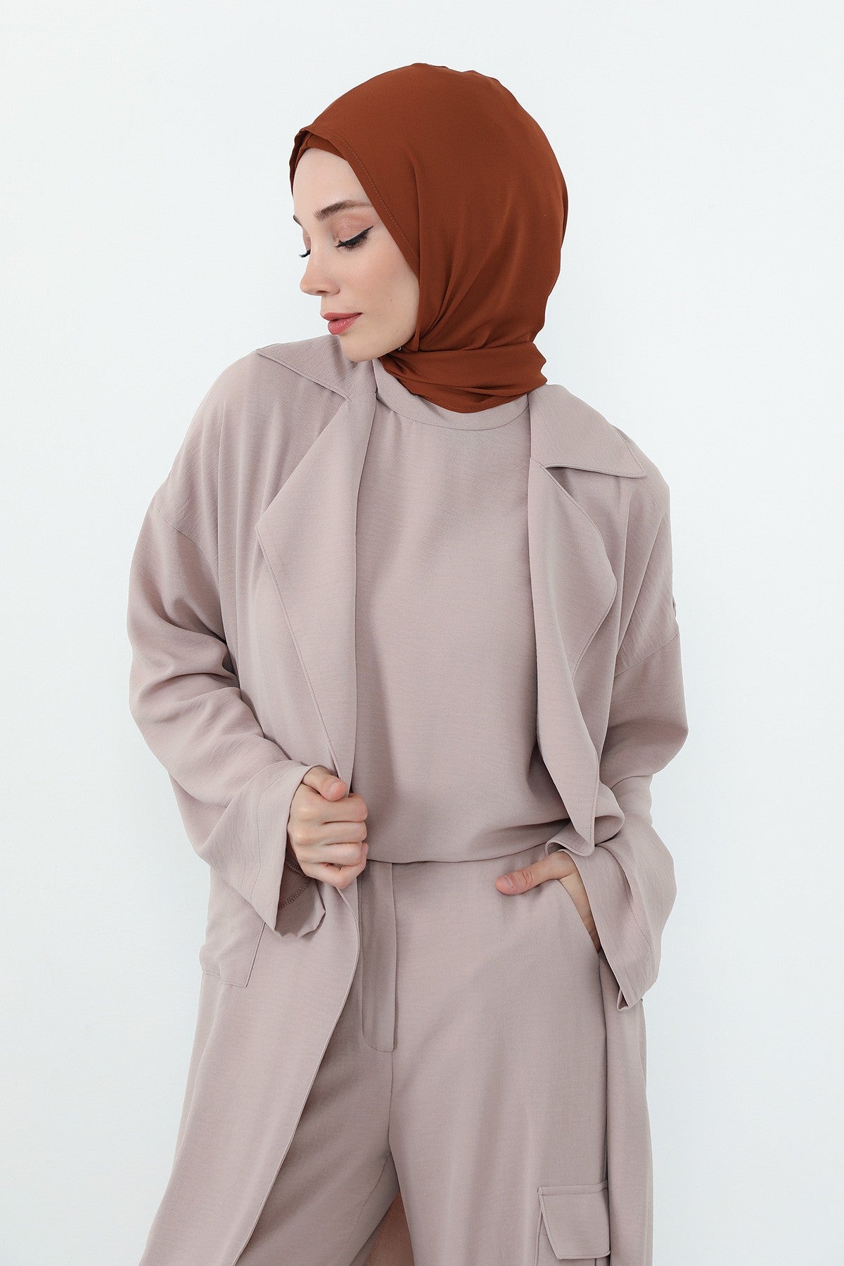 Two Piece Hijab Set Crepe Shawl with Cotton Under Cap Bonnet, Lightweight Modest Scarf and Undercap Combo for Women,PS-56 Tile Red