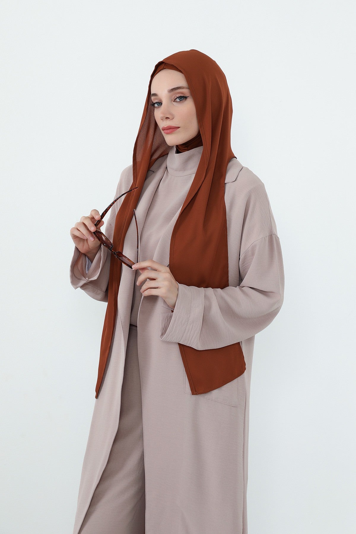 Two Piece Hijab Set Crepe Shawl with Cotton Under Cap Bonnet, Lightweight Modest Scarf and Undercap Combo for Women,PS-56 Tile Red