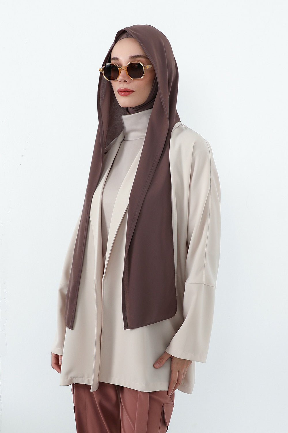Two Piece Hijab Set Crepe Shawl with Cotton Under Cap Bonnet, Lightweight Modest Scarf and Undercap Combo for Women,PS-56 Chocolate