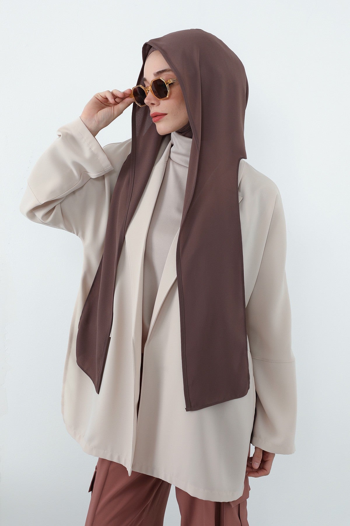 Two Piece Hijab Set Crepe Shawl with Cotton Under Cap Bonnet, Lightweight Modest Scarf and Undercap Combo for Women,PS-56 Chocolate