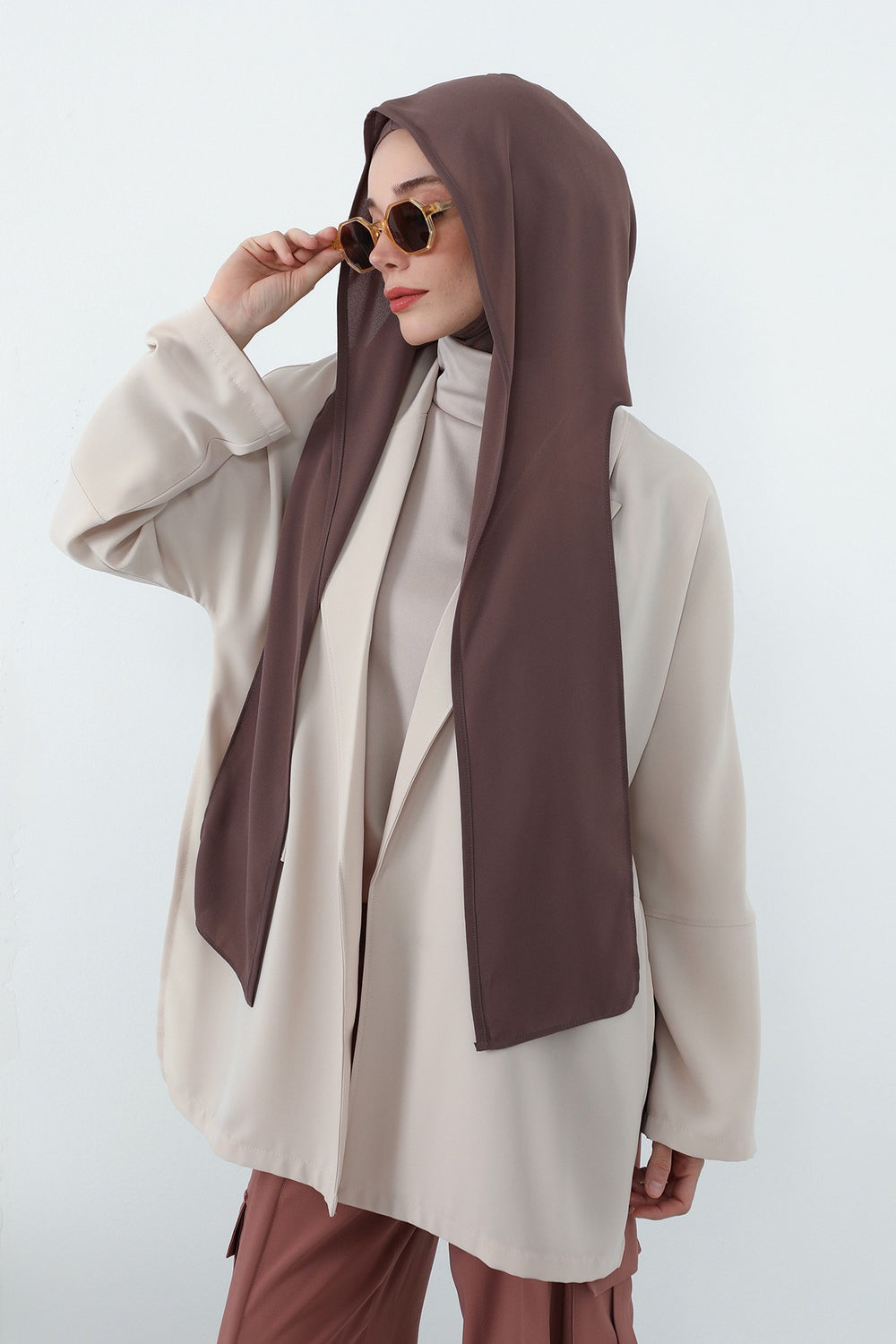 Two Piece Hijab Set Crepe Shawl with Cotton Under Cap Bonnet, Lightweight Modest Scarf and Undercap Combo for Women,PS-56 Chocolate