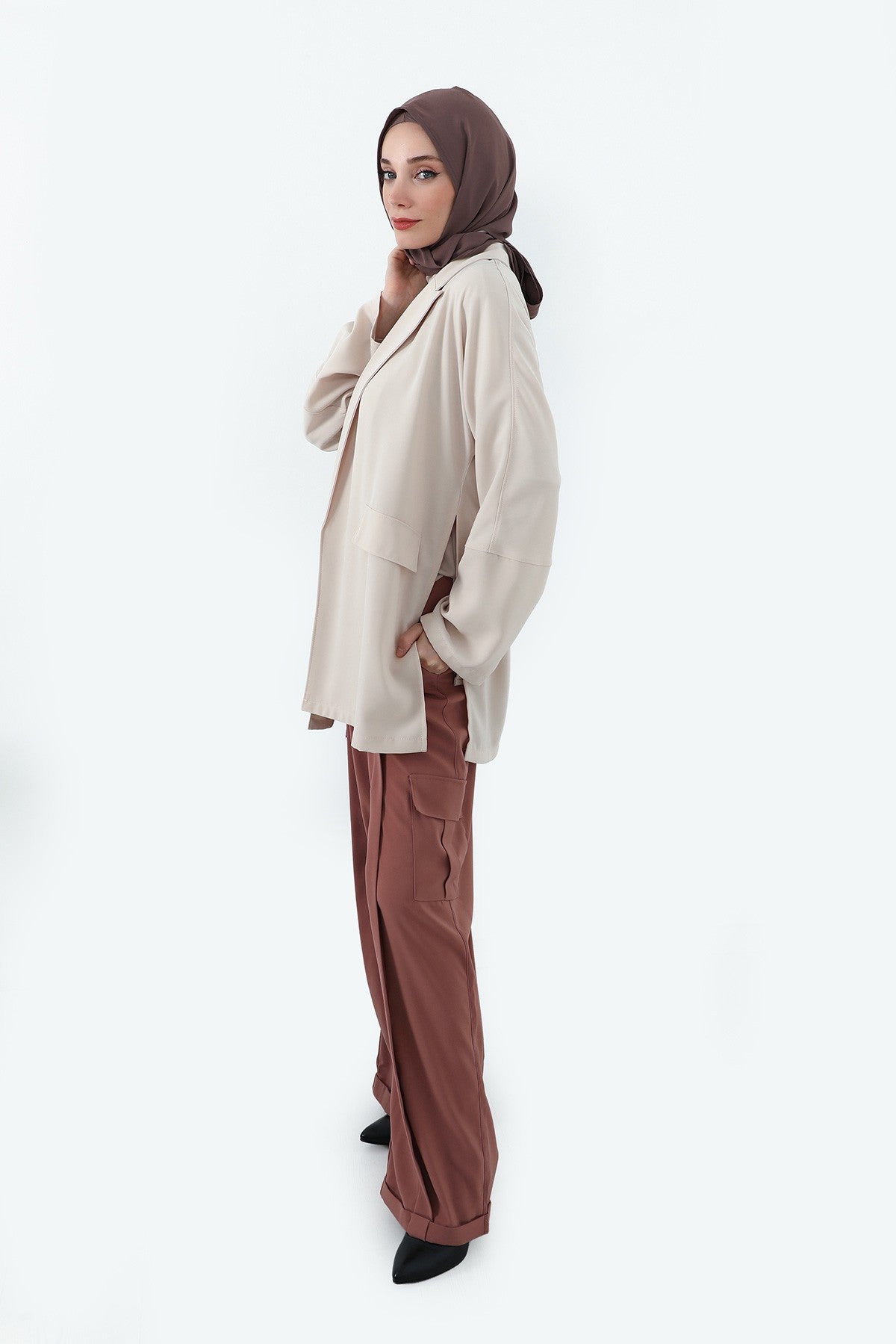 Two Piece Hijab Set Crepe Shawl with Cotton Under Cap Bonnet, Lightweight Modest Scarf and Undercap Combo for Women,PS-56 Chocolate