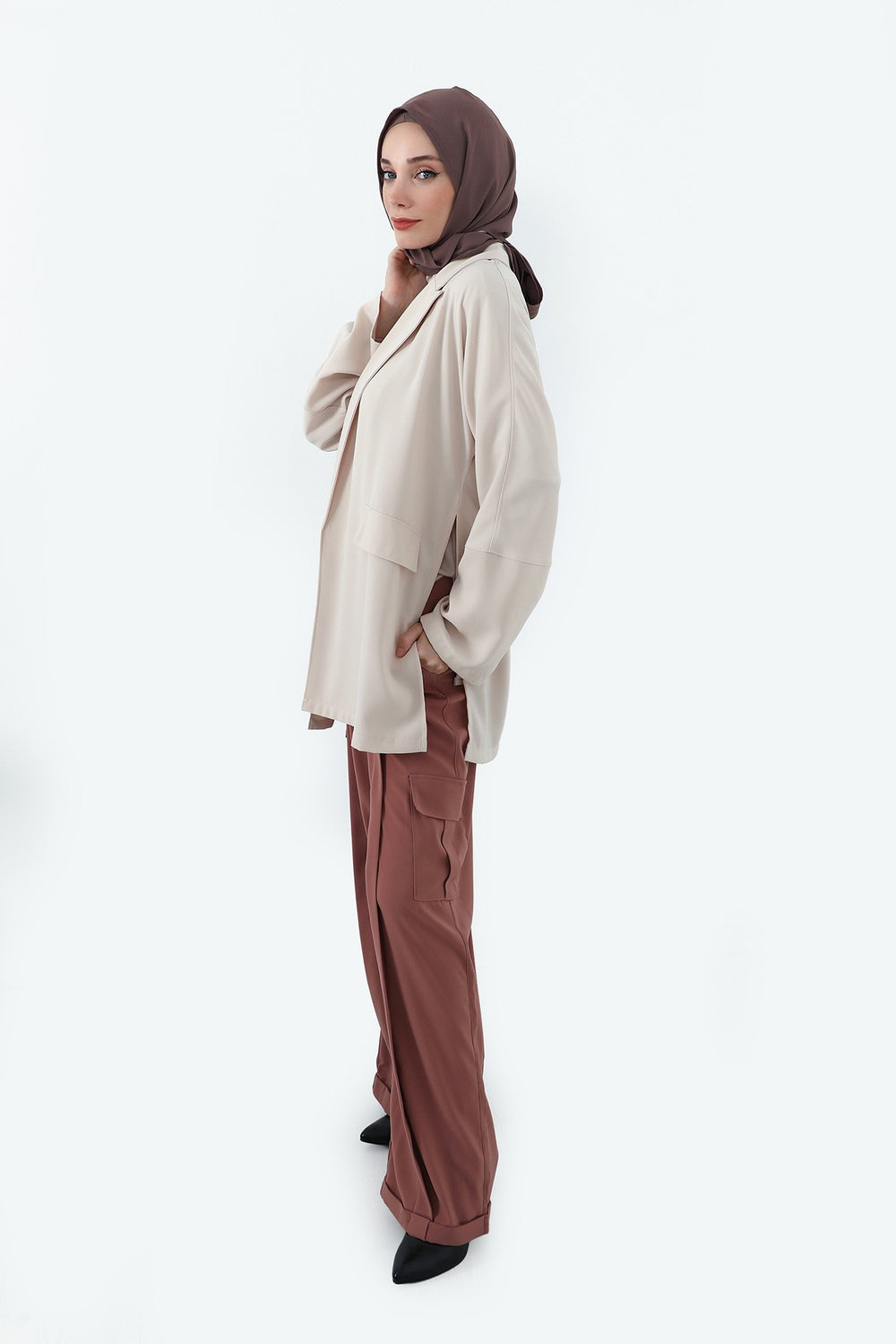Two Piece Hijab Set Crepe Shawl with Cotton Under Cap Bonnet, Lightweight Modest Scarf and Undercap Combo for Women,PS-56 Chocolate
