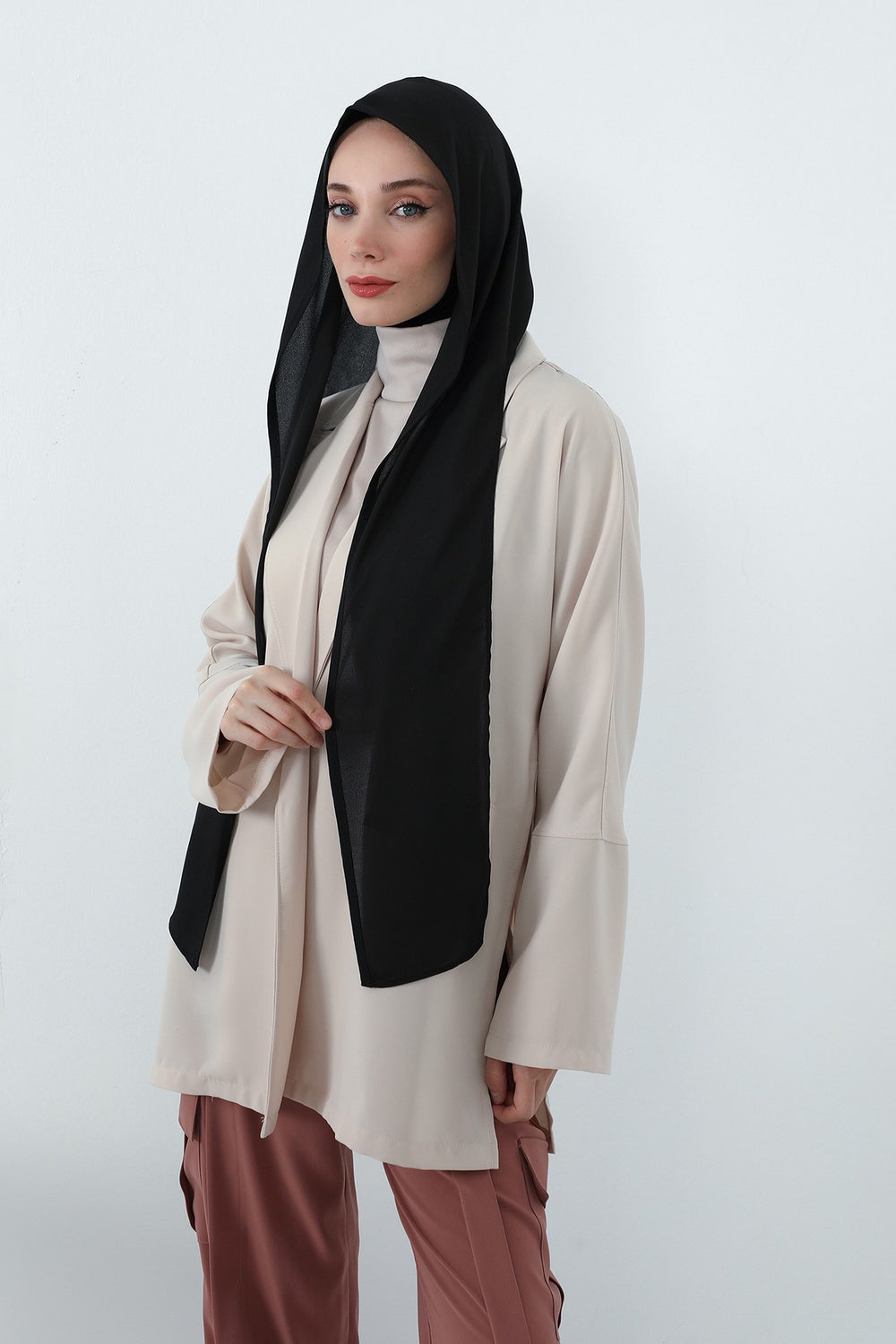 Two Piece Hijab Set Crepe Shawl with Cotton Under Cap Bonnet, Lightweight Modest Scarf and Undercap Combo for Women,PS-56 Black