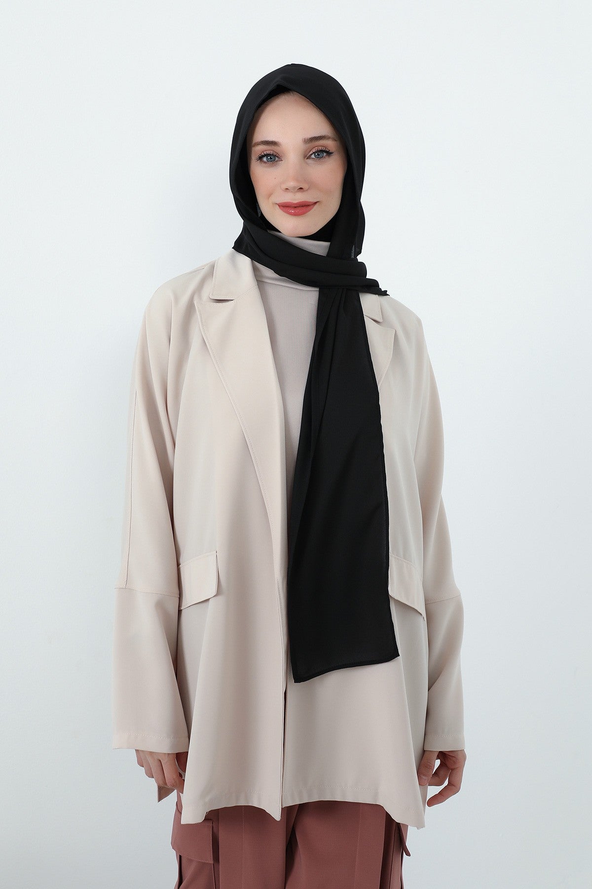 Two Piece Hijab Set Crepe Shawl with Cotton Under Cap Bonnet, Lightweight Modest Scarf and Undercap Combo for Women,PS-56 Black