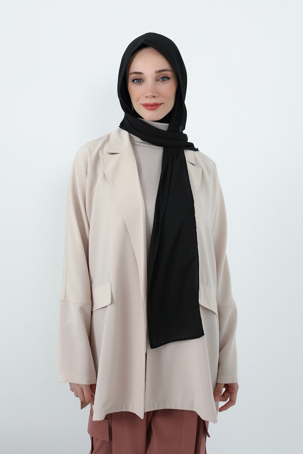 Two Piece Hijab Set Crepe Shawl with Cotton Under Cap Bonnet, Lightweight Modest Scarf and Undercap Combo for Women,PS-56 Black