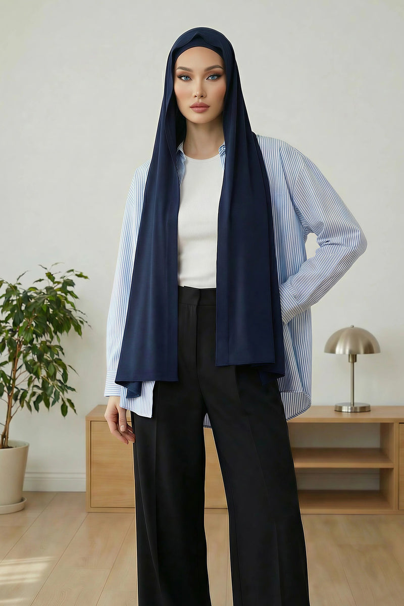 Two-Piece Jersey Hijab Set – Soft Scarf and Matching Undercap, Plain Jersey Hijab & Undercap Set for Everyday Wear,PS-57 Navy Blue