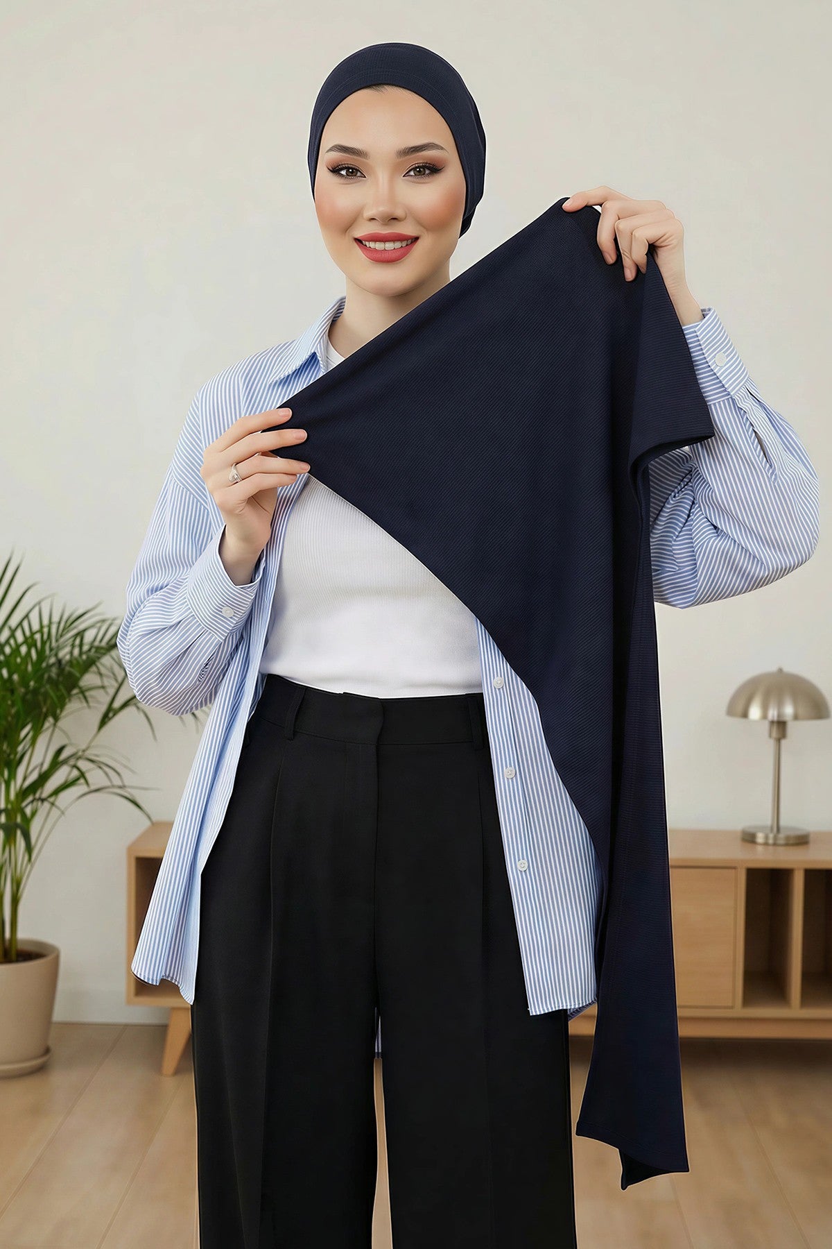 Two-Piece Jersey Hijab Set – Soft Scarf and Matching Undercap, Plain Jersey Hijab & Undercap Set for Everyday Wear,PS-57 Navy Blue