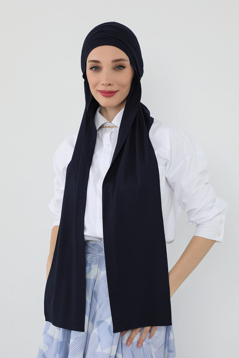 Two-Piece Jersey Hijab Set – Soft Scarf and Matching Undercap, Plain Jersey Hijab & Undercap Set for Everyday Wear,PS-57 Navy Blue