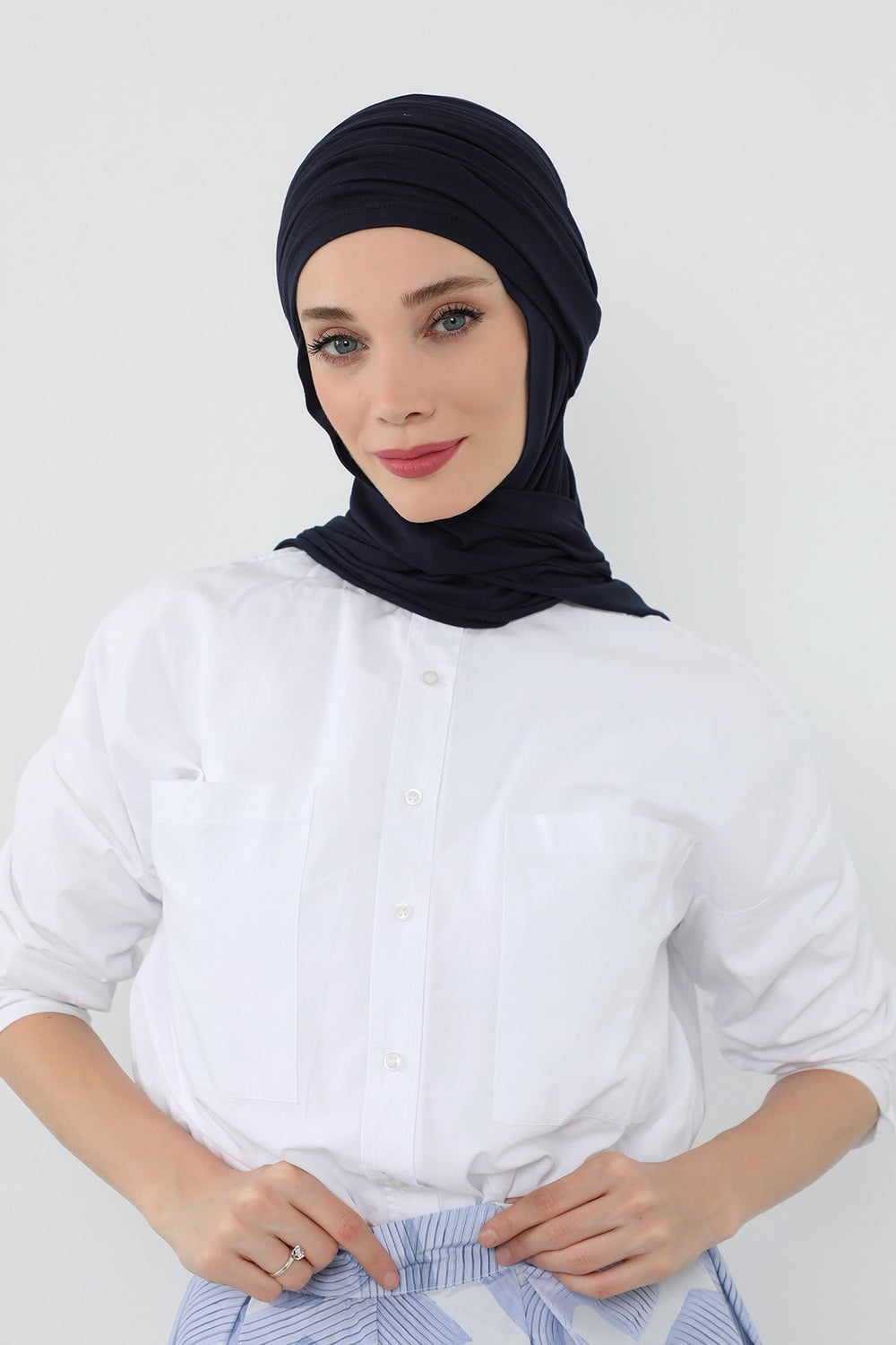 Two-Piece Jersey Hijab Set – Soft Scarf and Matching Undercap, Plain Jersey Hijab & Undercap Set for Everyday Wear,PS-57 Navy Blue