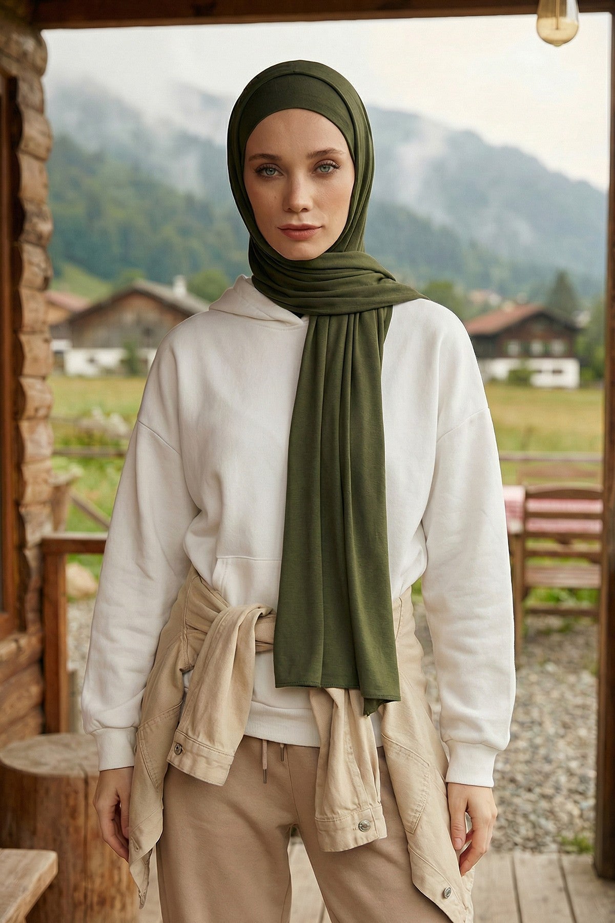 Two-Piece Jersey Hijab Set – Soft Scarf and Matching Undercap, Plain Jersey Hijab & Undercap Set for Everyday Wear,PS-57 Army Green
