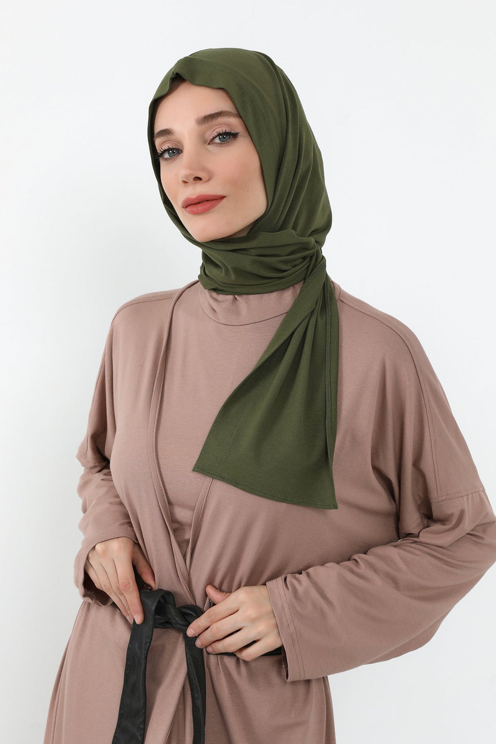 Two-Piece Jersey Hijab Set – Soft Scarf and Matching Undercap, Plain Jersey Hijab & Undercap Set for Everyday Wear,PS-57 Army Green