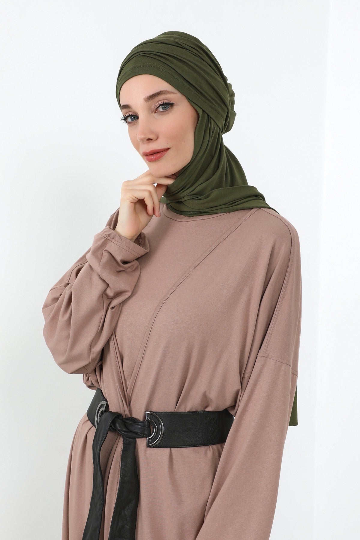 Two-Piece Jersey Hijab Set – Soft Scarf and Matching Undercap, Plain Jersey Hijab & Undercap Set for Everyday Wear,PS-57 Army Green