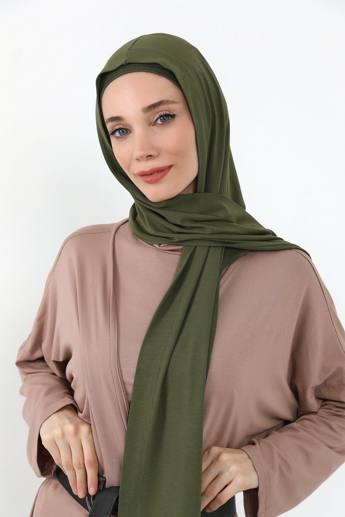 Two-Piece Jersey Hijab Set – Soft Scarf and Matching Undercap, Plain Jersey Hijab & Undercap Set for Everyday Wear,PS-57 Army Green