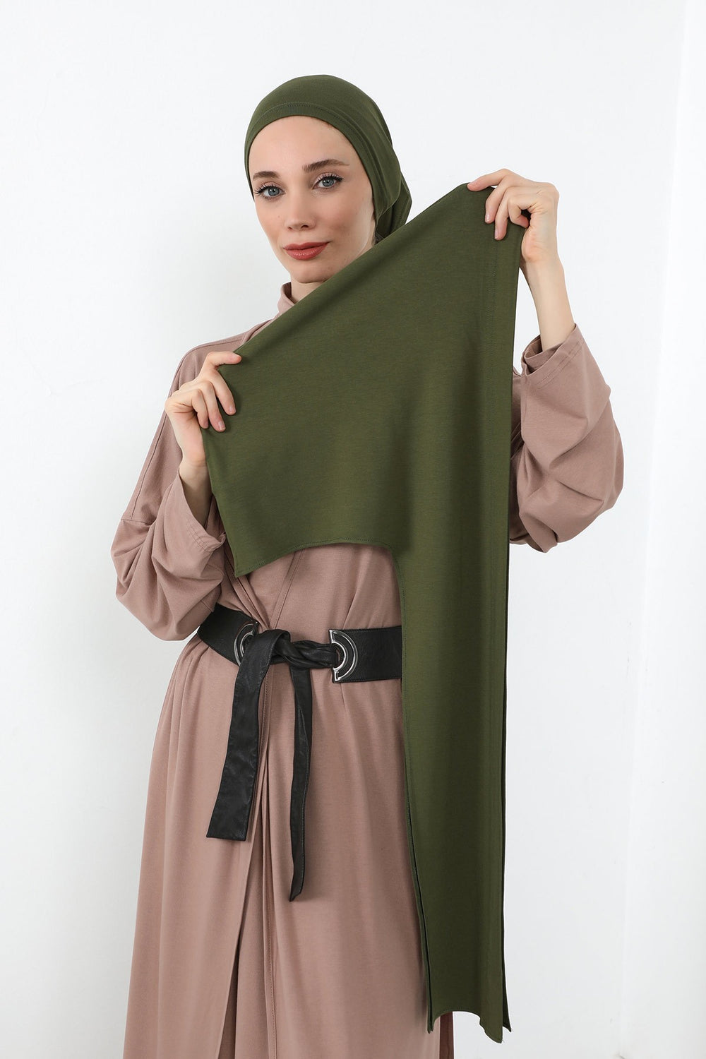 Two-Piece Jersey Hijab Set – Soft Scarf and Matching Undercap, Plain Jersey Hijab & Undercap Set for Everyday Wear,PS-57 Army Green