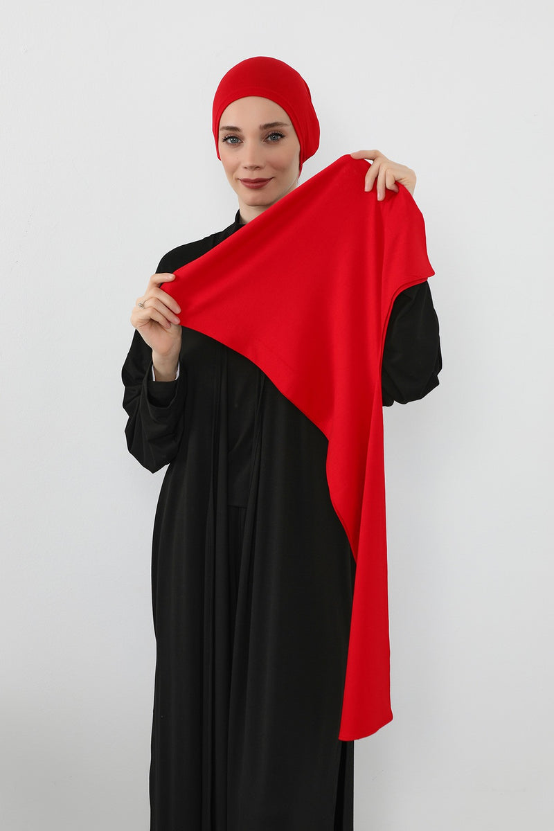 Two-Piece Jersey Hijab Set – Soft Scarf and Matching Undercap, Plain Jersey Hijab & Undercap Set for Everyday Wear,PS-57 Red