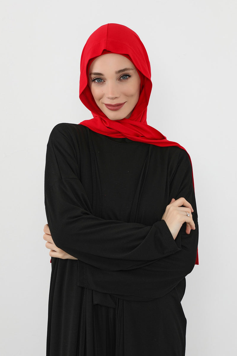 Two-Piece Jersey Hijab Set – Soft Scarf and Matching Undercap, Plain Jersey Hijab & Undercap Set for Everyday Wear,PS-57 Red