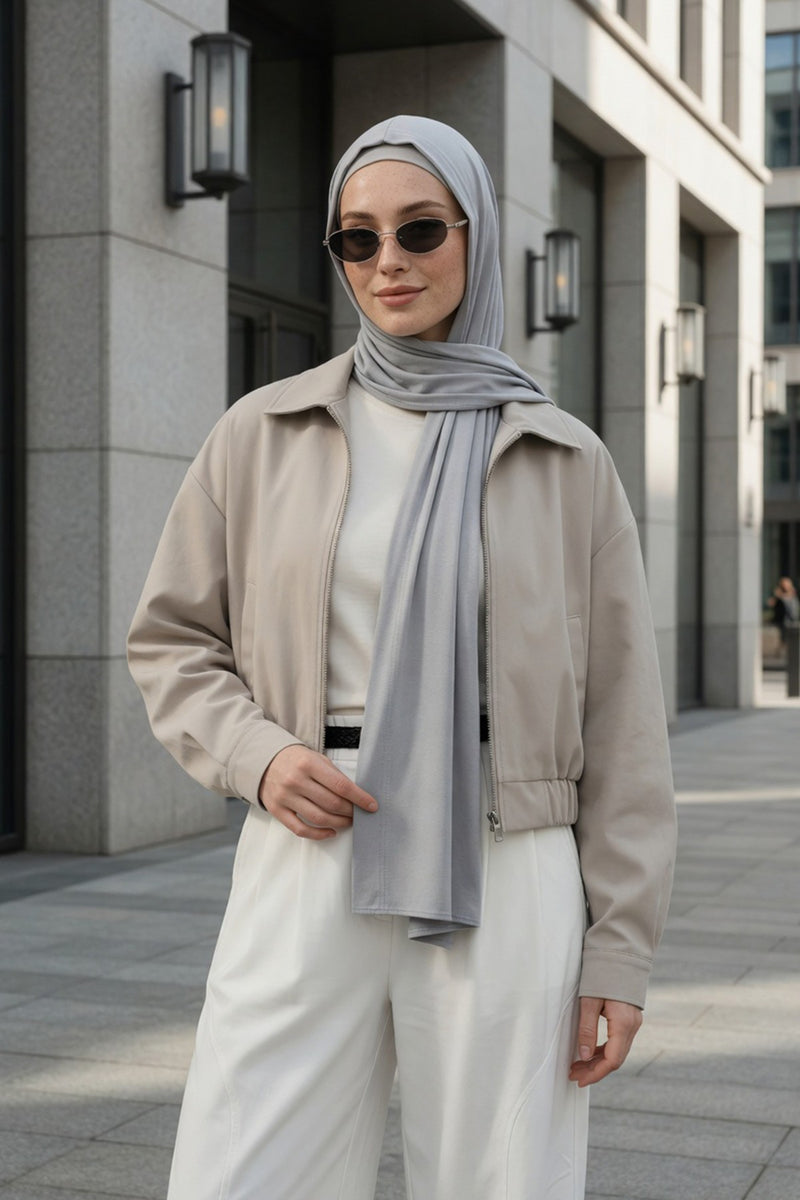 Two-Piece Jersey Hijab Set – Soft Scarf and Matching Undercap, Plain Jersey Hijab & Undercap Set for Everyday Wear,PS-57 Grey 2