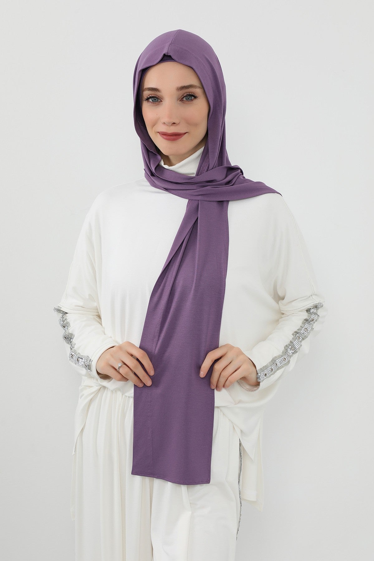 Two-Piece Jersey Hijab Set – Soft Scarf and Matching Undercap, Plain Jersey Hijab & Undercap Set for Everyday Wear,PS-57 Purple 2